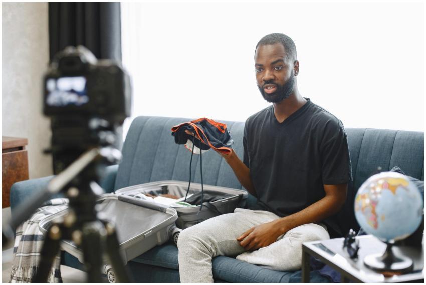 A vlogger records a travel vlog while unpacking a