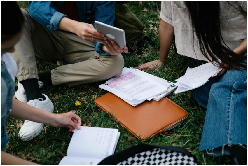 A group of students studying together outside, usi