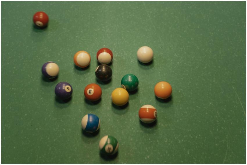 A top view of scattered colorful billiard balls on
