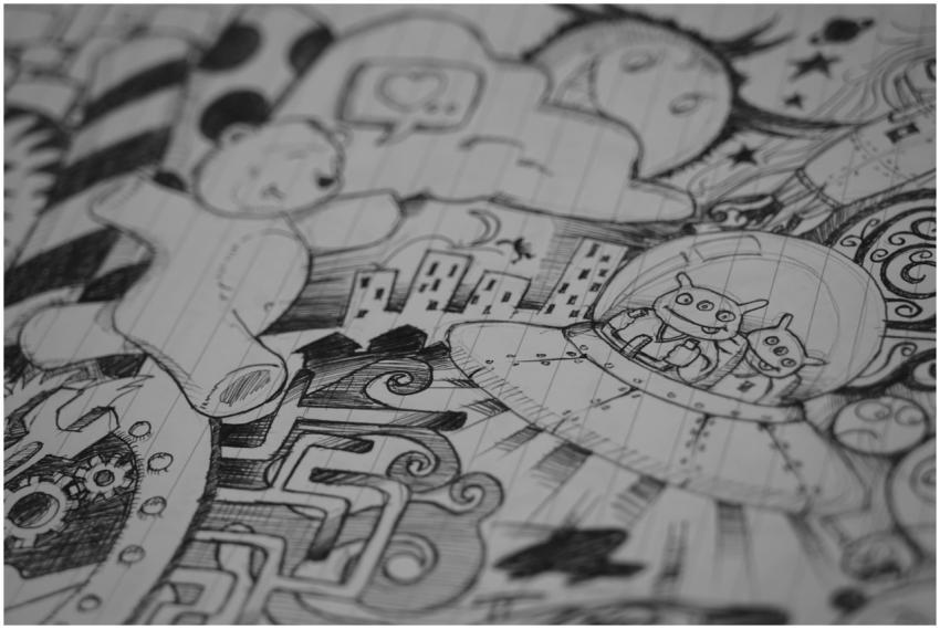 Intricate black and white doodle illustration feat