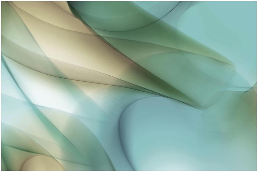 Fluid abstract shapes in green and beige create a