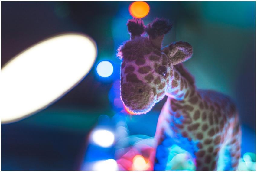 Close-up of a cute stuffed giraffe toy with colorf
