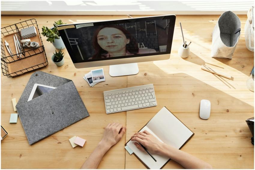 An overhead view of a modern home office setup for