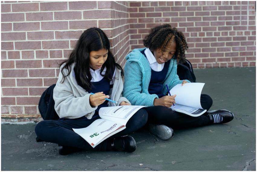 Two young students collaborate on homework against