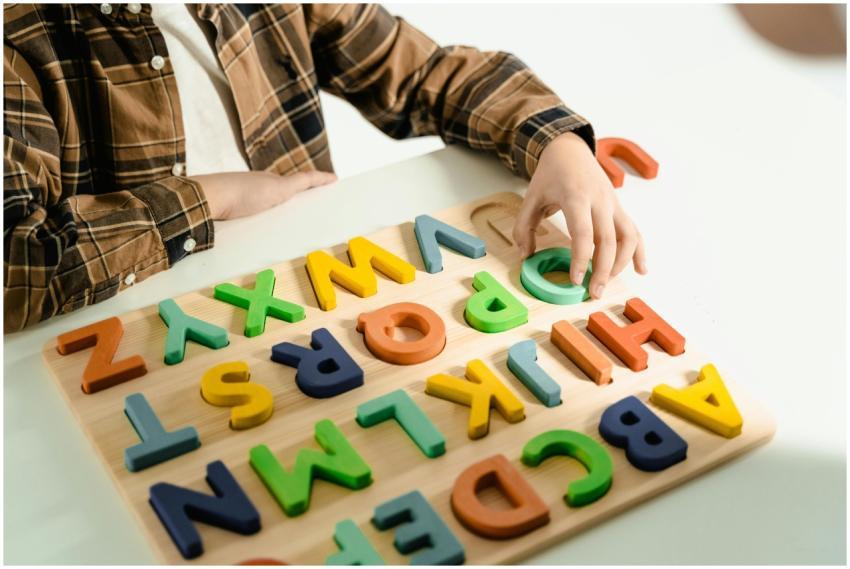 A child interacts with bright wooden alphabet lett