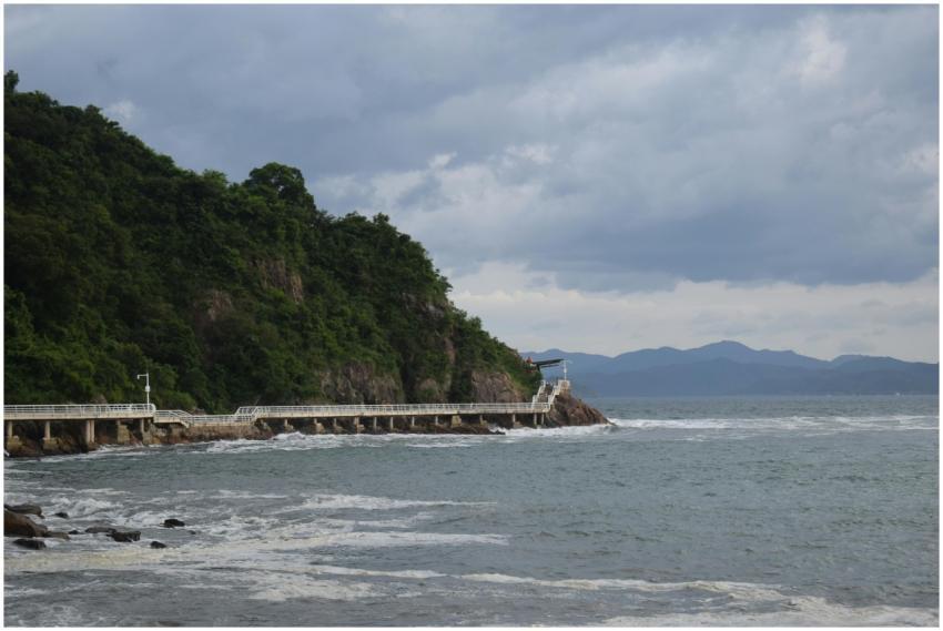 A serene coastal scene with a walkway, lush greene