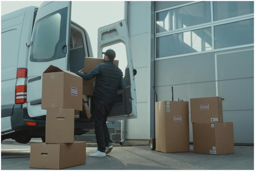 A delivery man unloading cardboard boxes from a va
