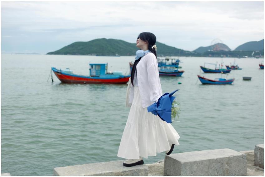 Woman Walking Seaside Boats