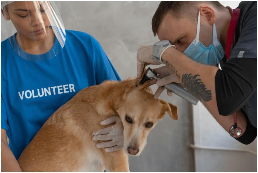 Vet performs checkup on dog with help from volunte