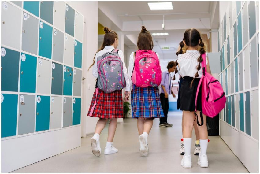 Three school girls with backpacks walking in a sch
