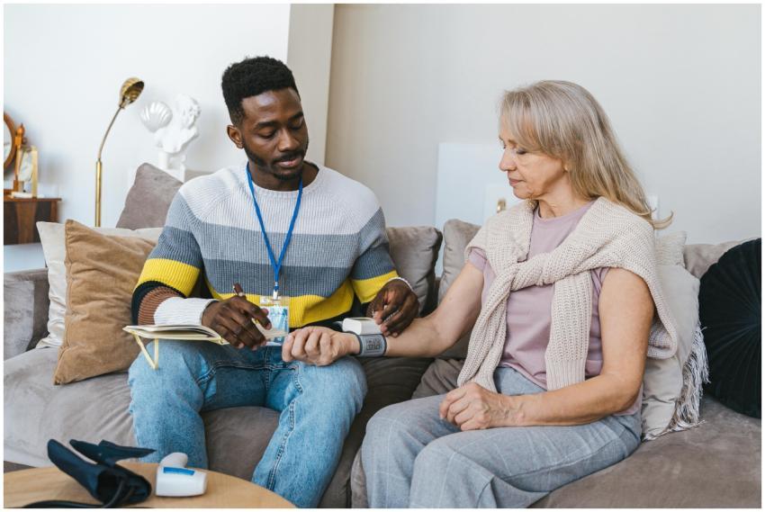 Volunteer checking elderly woman's blood pressure