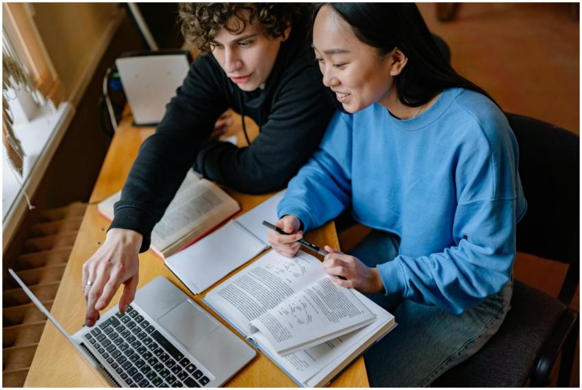 Two students collaborating on a study project usin