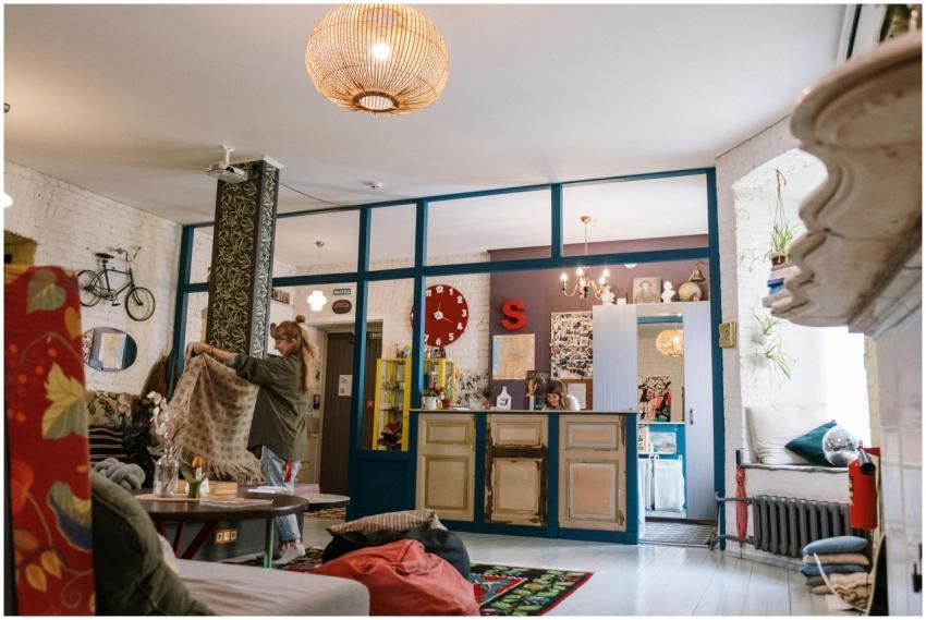 A vibrant living room with eclectic furnishings an