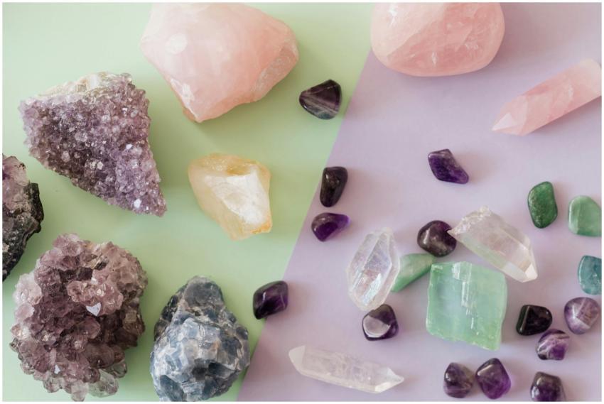 A variety of crystals and gemstones including amet