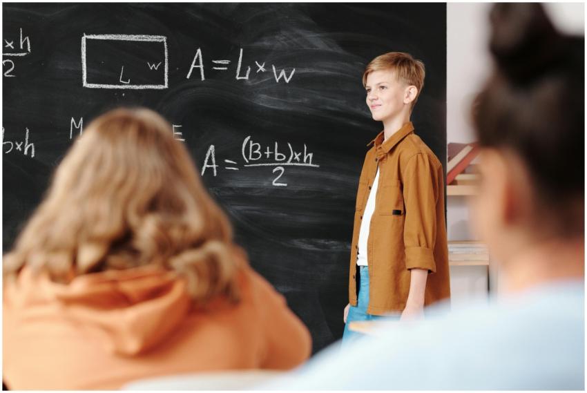 A young student confidently presenting math formul