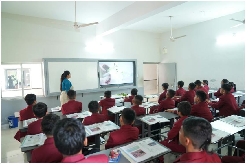 Students attentively learning in a modern classroo
