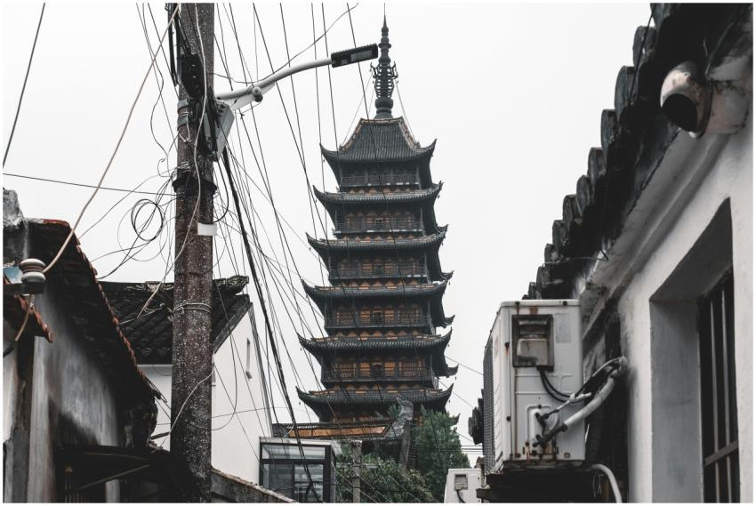 Beisi Pagoda in Suzhou, China captured amidst urba