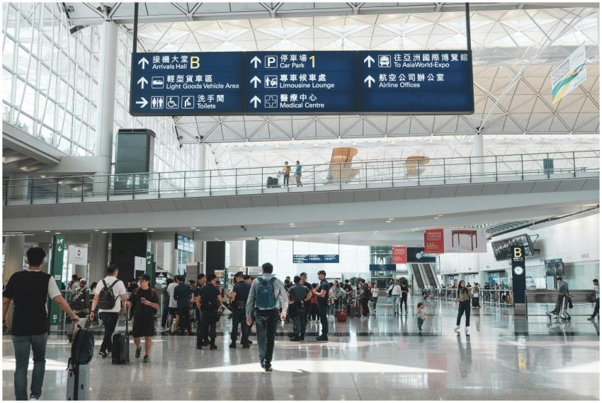Crowded scene inside Hong Kong International Airpo