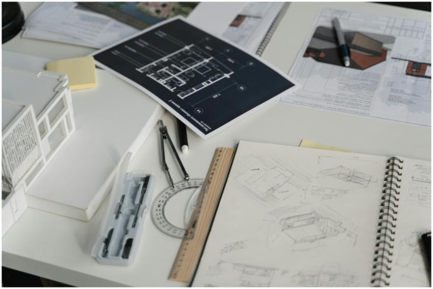 High-angle view of a desk with blueprints, sketche