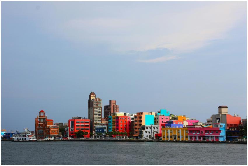 A vibrant view of colorful waterfront buildings in