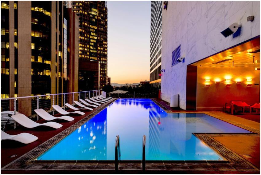 Elegant rooftop pool with cityscape backdrop at su