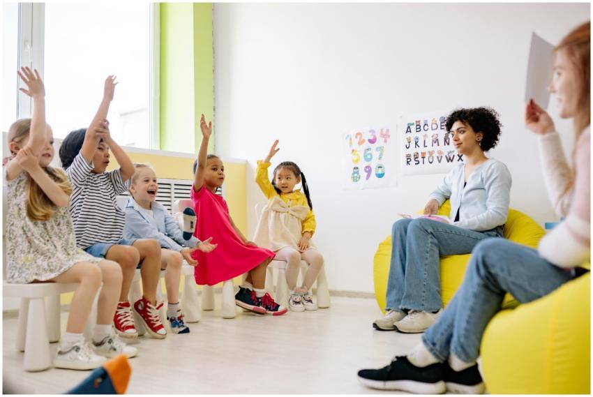 Children actively participate in a classroom with