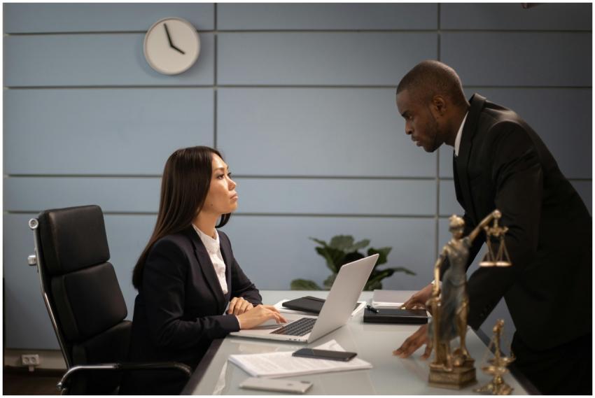 Two colleagues in a formal business setting engage