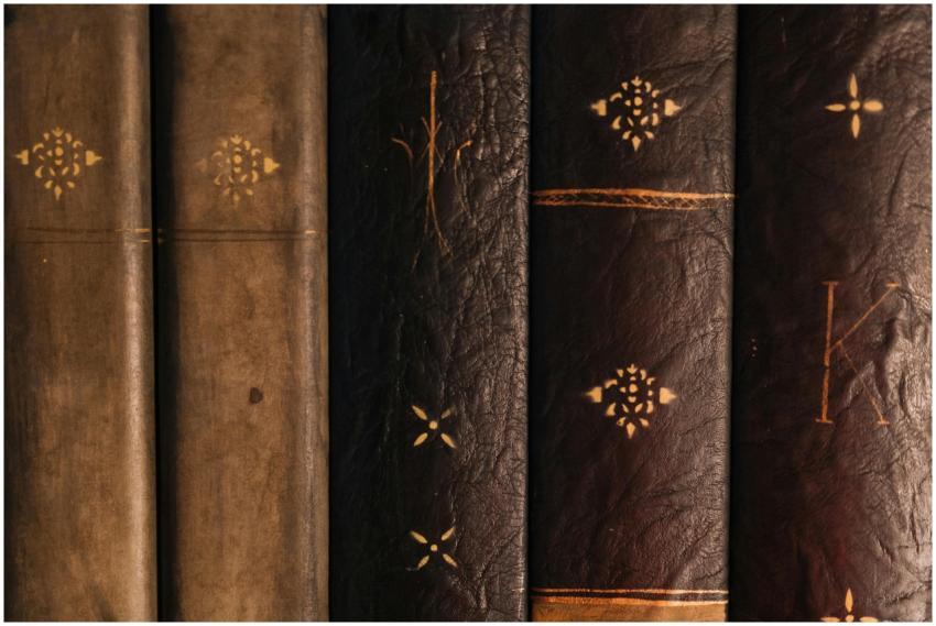 Detailed view of vintage leather-bound books with