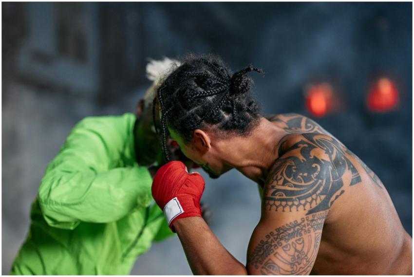 Close-up of tattooed fighters in an intense martia