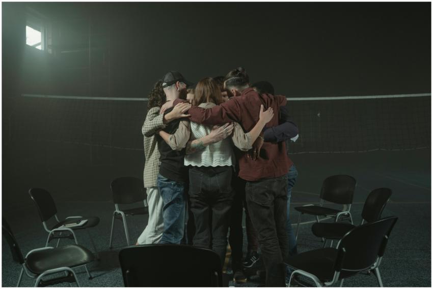 A group of people embracing in a large room, symbo