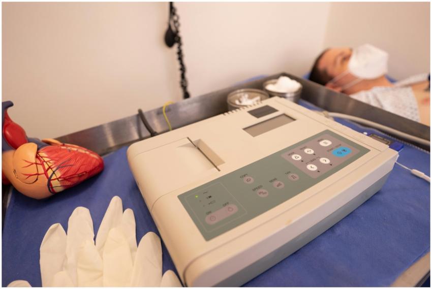 Close-up of ECG machine and model heart in a hospi