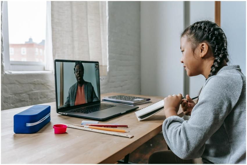 A young girl engages in online education with a te