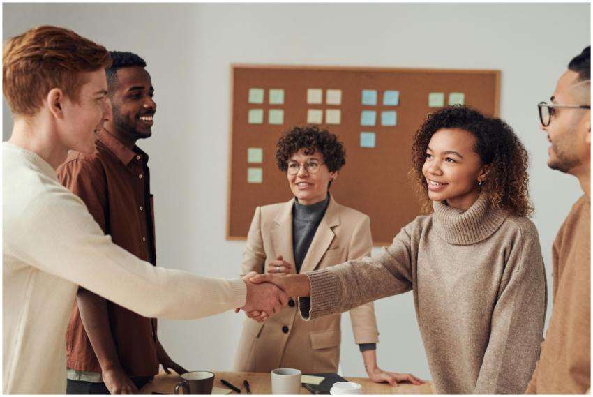 A diverse group of colleagues shaking hands during