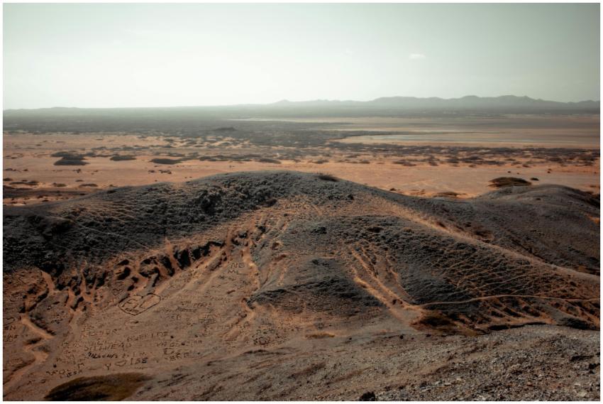 Expansive desert landscape with dunes and rocks un