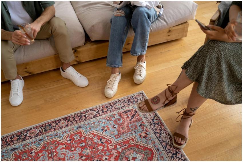 Casual indoor setting with friends relaxing, showi