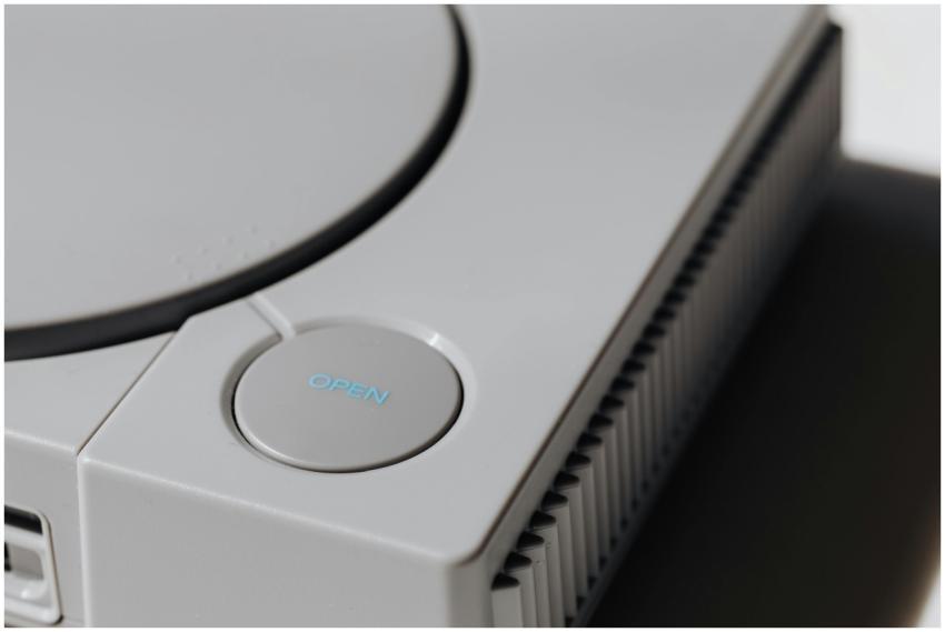 Detailed shot of a classic Sony PlayStation, highl