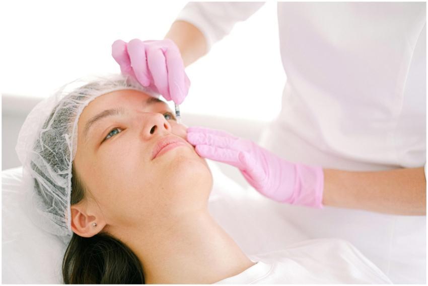 Woman receives cosmetic injection in clinical sett