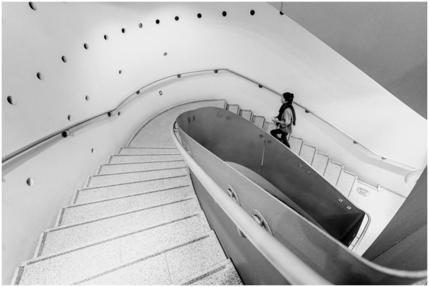 A striking black and white view of a spiral stairc