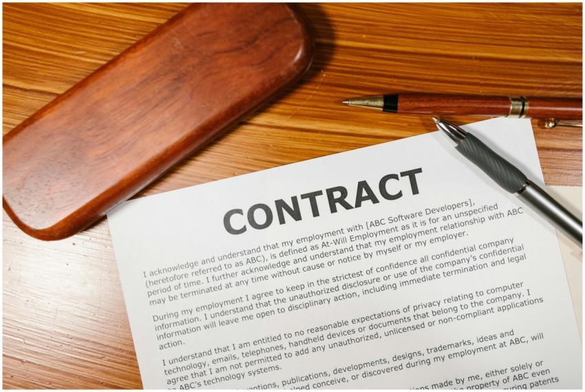 A close-up view of a contract and pen on a wooden