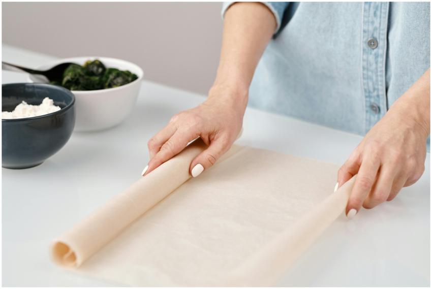 Person rolling dough for baking with ingredients o