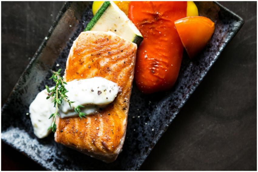 Delicious grilled salmon served with roasted veget