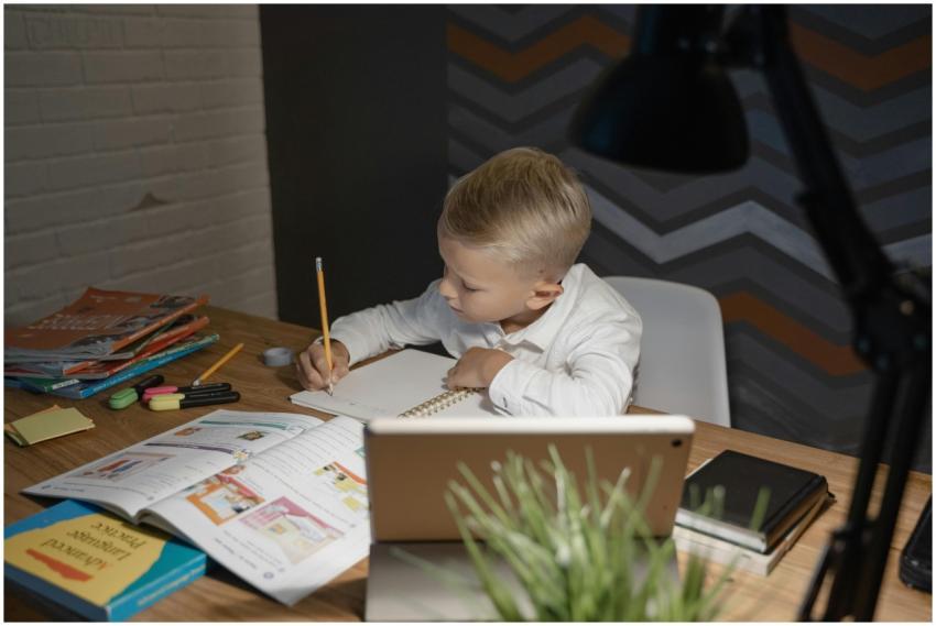 A young boy focuses on homework with books and a t