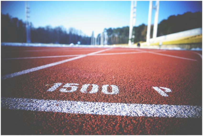 Empty running track lane with 1500 meter marking,