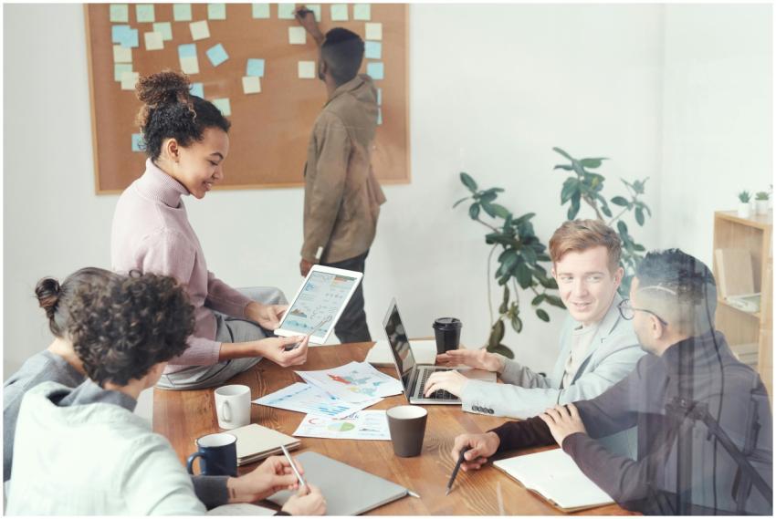 A diverse group of professionals discussing ideas