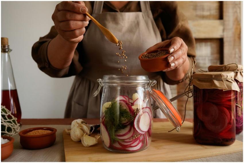 Close-up of hands preparing homemade pickles with