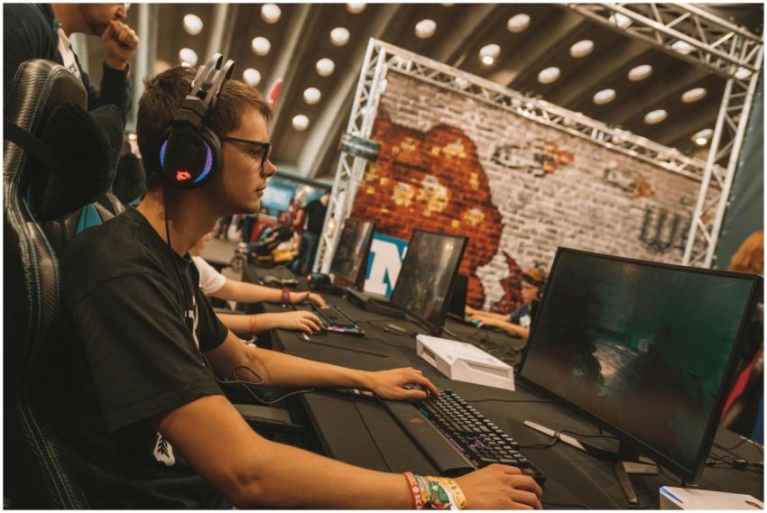 A young male gamer intensely focused during an esp