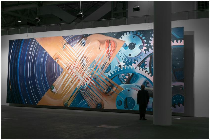 A large futuristic artwork depicting gears and a f