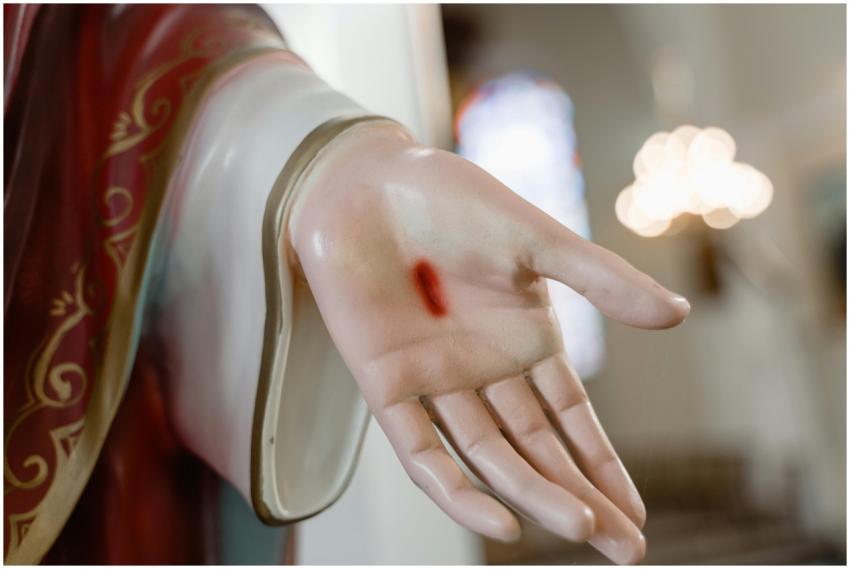 Detailed image of a religious statue's hand with v