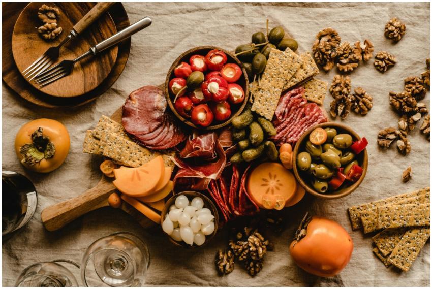 A beautifully arranged Mediterranean charcuterie b