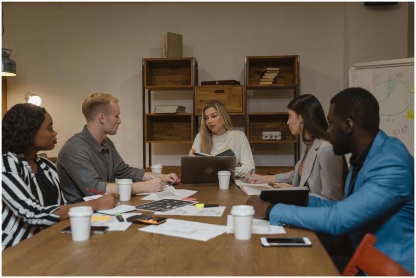 Business team discussing strategies in a modern of